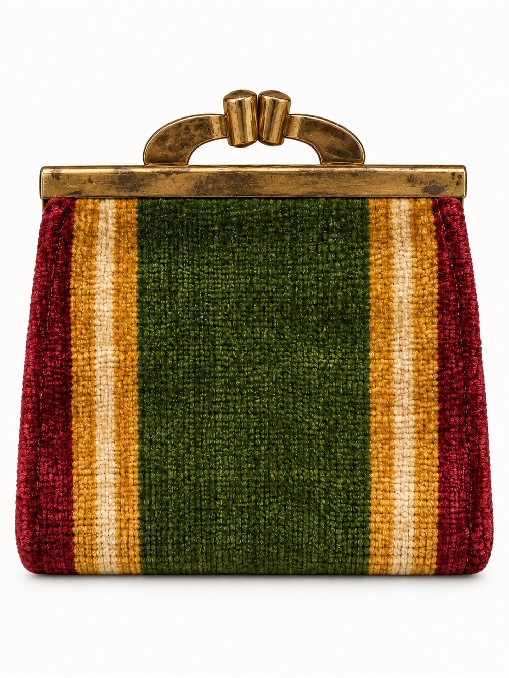 Vintage Striped Fabric Coin Purse Leather Interior Kiss Lock Clasp Green Burgund